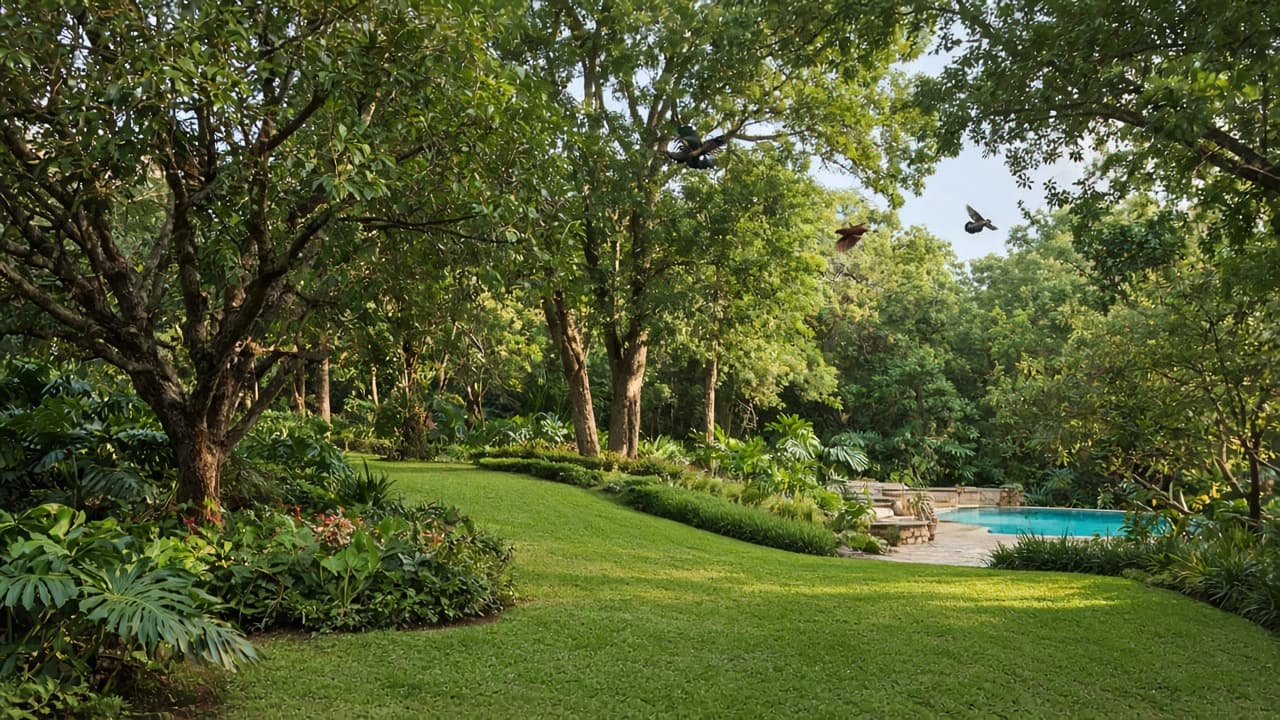 Garden lawns and a swimming pool among mature trees