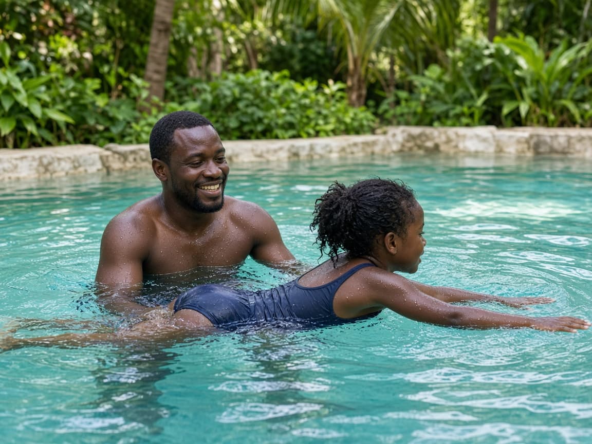 A Ugandan swim instructor guiding a lesson in the pool